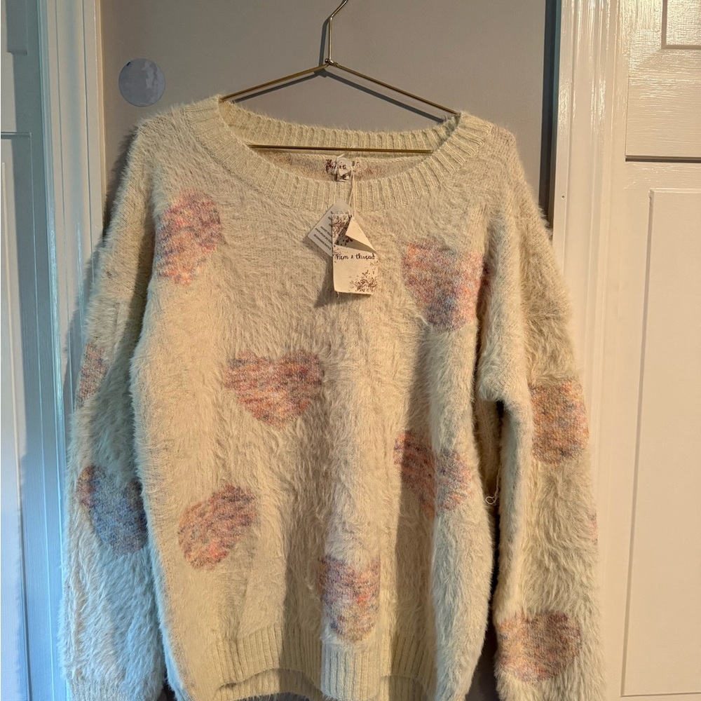Fluffy Cream Sweater with Pink Hearts